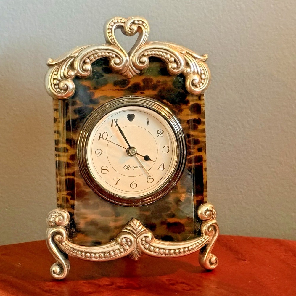 Brighton Tortoise Shell Desk alarm Clock Silver Scroll heart Accent works EUC